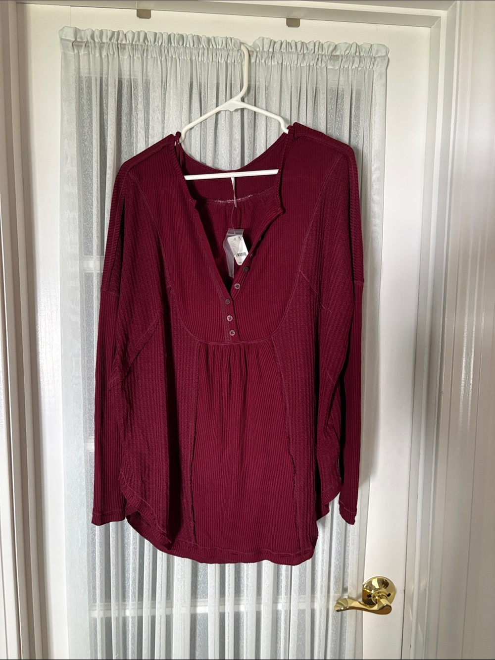 Free People Wine Red Long Sleeve Henley Top